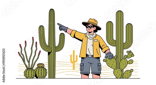 Desert Explorer Guiding Through Cactus Landscape Discovering Arid Nature