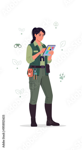 Dedicated Conservationist Analyzing Ecological Data On Digital Tablet Outdoors