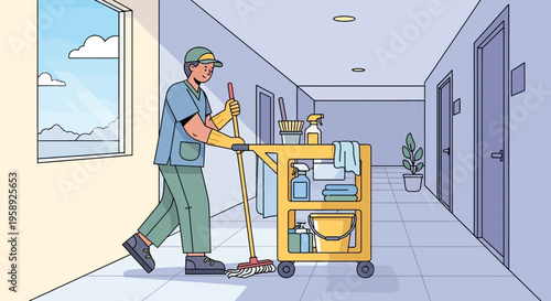 Dedicated Cleaner Pushing A Service Cart Down A Hallway With Mop And Supplies