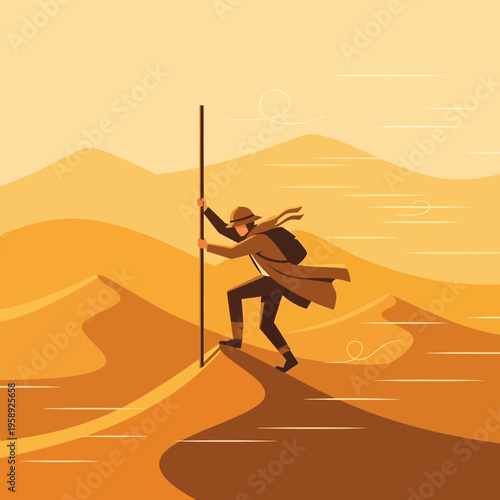 Desert Explorer Navigating Arid Dunes With Walking Stick