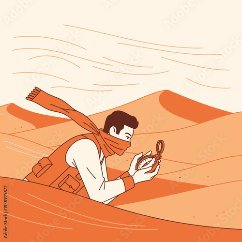 Desert Explorer Navigating With Compass Amidst Shifting Sands