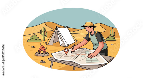 Desert Explorer Planning Adventure Mapping Route Under Arid Skies