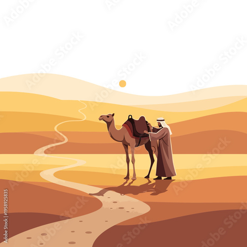 Desert Journey Serenity A Man and Camel on a Winding Path