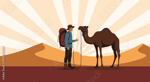 Desert Journey With Camel And Adventurer Illustration