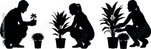Silhouette collection of people planting potted plants, man and woman gardening together, home horticulture activity, urban gardening lifestyle, nature care concept isolated on white background