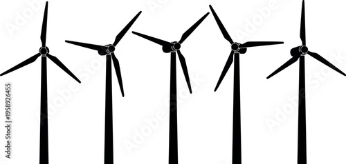 Wind turbine silhouette collection featuring renewable energy generators with rotating blades on tall towers isolated as black vector icons for sustainable power design projects