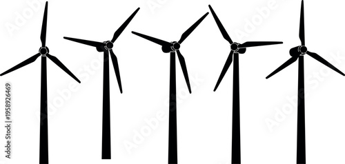 Wind turbine silhouette vector set renewable energy generators collection with rotating blades clean black shapes isolated on light background for eco power design