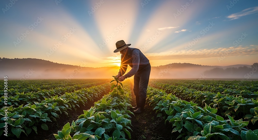 Fototapeta premium Farmer Working In The Field At Sunrise