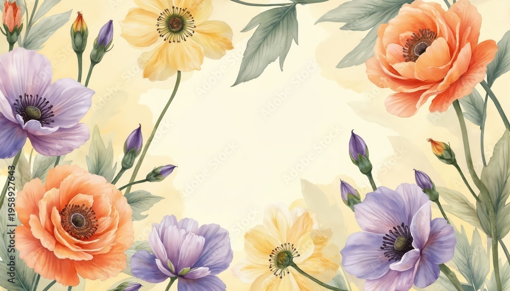 Fototapeta premium Watercolor illustration with anemones irises and roses in pastel colors. Gentle floral pattern with leaves and buds for art and design projects.