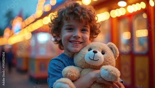 Smiling boy hugs fluffy teddy bear prize at carnival game booth with bokeh lights. Child wins toy at fair, outdoor evening fun celebration, happy childhood moment, sweet souvenir.
