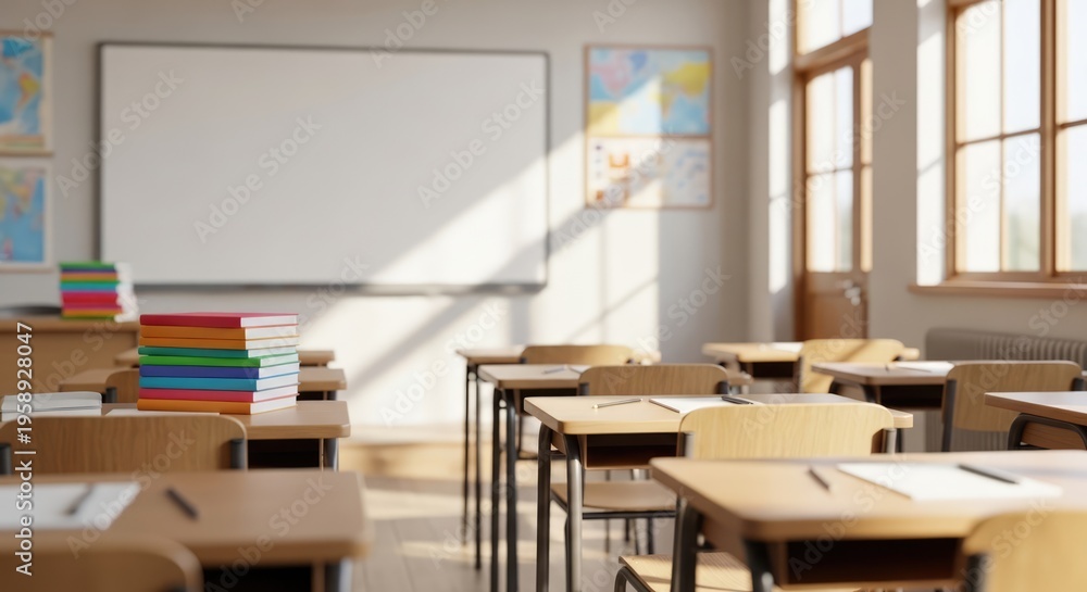 Fototapeta premium Empty Classroom with Desks, Chairs, Whiteboard, and Sunlight Streaming Through Windows.