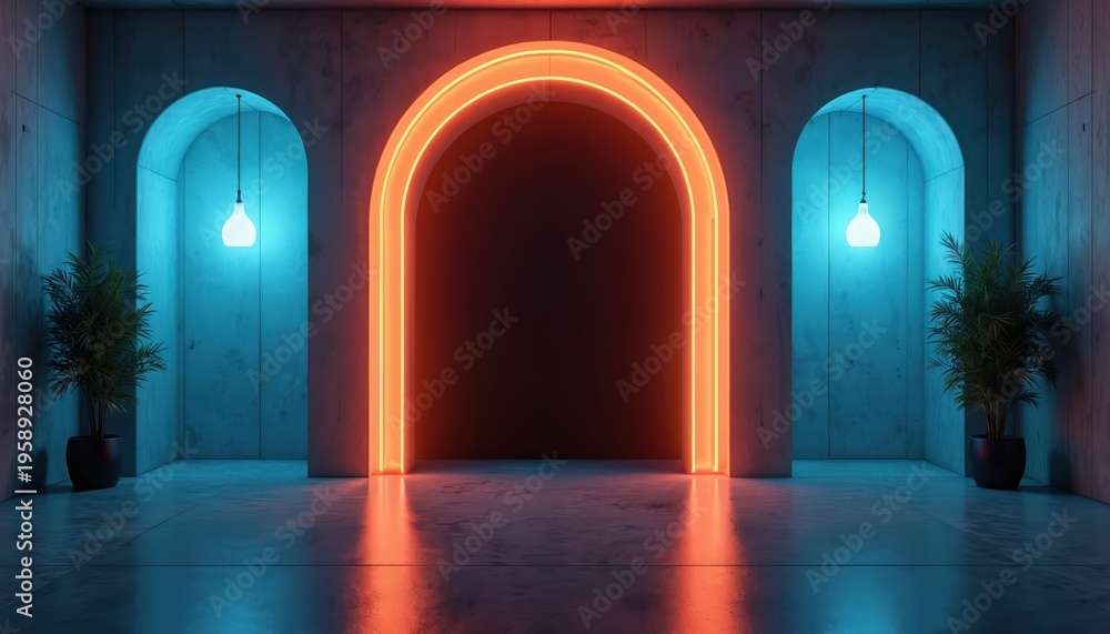 Fototapeta premium Futuristic concrete room with arched doorways illuminated by neon orange and blue lights. Plants in pots add contrast to the minimalist, geometric design. Modern interior architectural concept.
