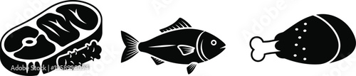 Meat Fish and Poultry Icon Set, Raw Beef Steak Chicken Leg and Sea Fish Symbols, Flat Vector Illustration of Proteins