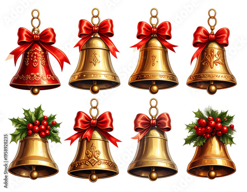 a set of christmas bells isolated on a transparent background, generative ai