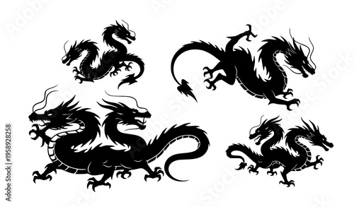 Mythical Dragon Silhouette Vector Background Ornamental Wall Pattern Design