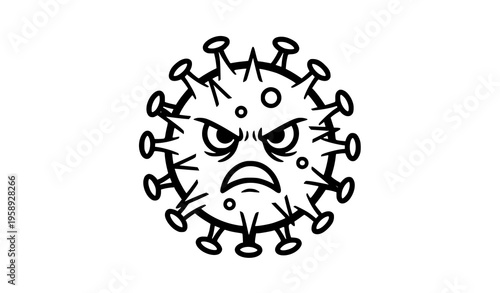 Cartoon Virus Character Vector Angry Germ Black and White Medical Illustration
