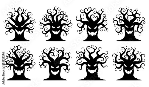 Creepy Monster Trees Vector Silhouette Bundle Grinning Faces Halloween Design