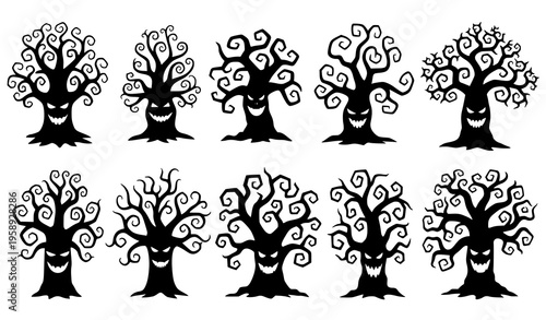 Monster Tree Silhouette Vector Set Grinning Creepy Trees Halloween Illustration