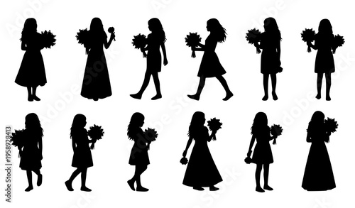 Women and Girls Holding Flowers Silhouette Vector Set Black Elegant Collection