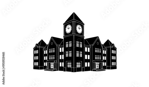Educational Building Vector Black and White School with Clock Tower Silhouette