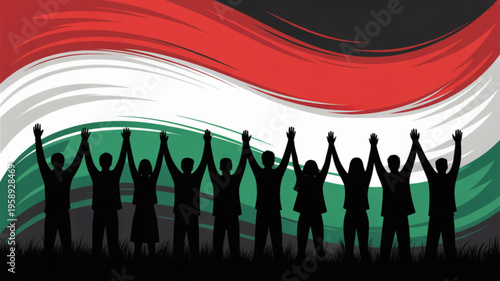 Diverse group of people with raised hands in solidarity against a wavy hungarian flag background symbolizing unity and national pride