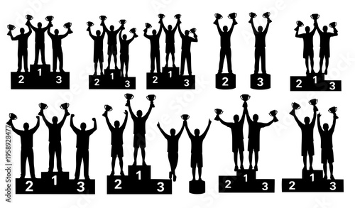 Black Silhouettes of Winners on Podiums Holding Trophies Vector Collection
