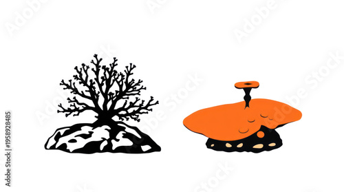 Abstract Shapes of Black Coral Plant and Orange Mushroom Against Transparent Background