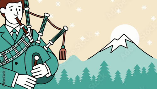 Man playing bagpipes in traditional attire with mountains and forest background  