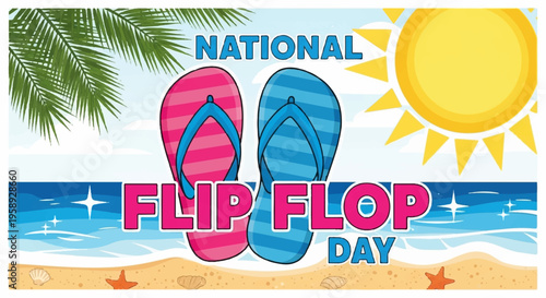 National Flip Flop Day, flip flop banner, summer beach sign, colorful footwear celebration