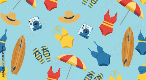 Summer beach icons, colorful surfboard graphics, vector beachwear illustrations, blue background