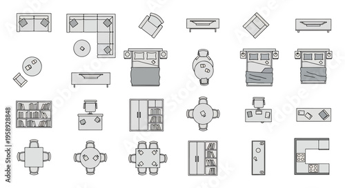 Top View Furniture Icons and Floor Plan Symbols for Interior Layouts and Architectural Design