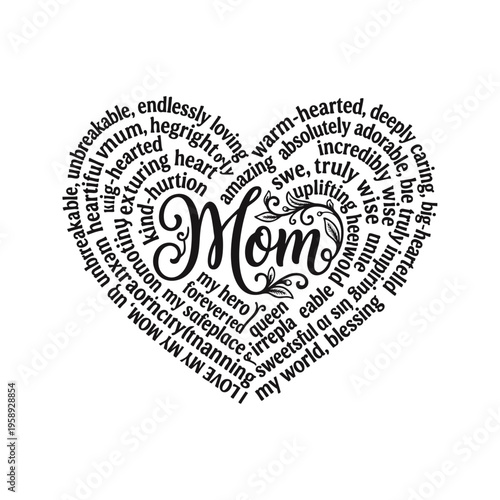 A romantic heart-shaped cloud made of words symbolizing love and happiness