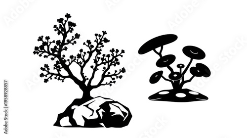 Graphic Black Silhouette Botanical Tree and Abstract Plant Minimalist Art Illustrations