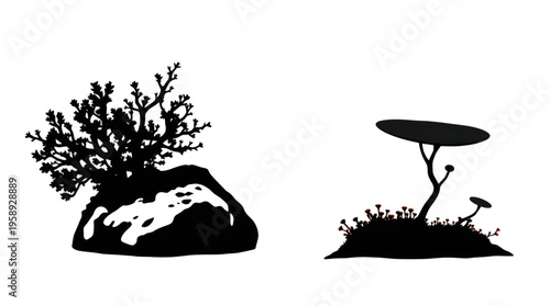 Silhouette Artwork Featuring Stylized Plants on Rock and Abstract Tree with Mushrooms