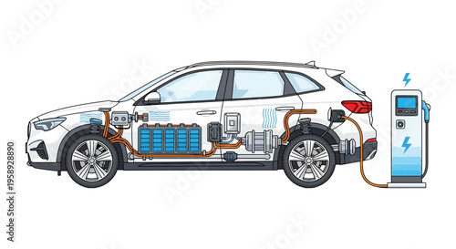 Electric SUV Cutaway Diagram Showing Battery Pack and Charging System Components