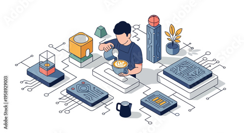 Man brew cup cafe art pour milk in tech shop work fast web app ui