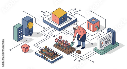 An old lady in a tech yard of small pink flower and cube box art