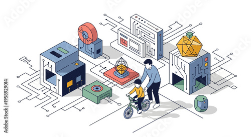 Dad helps son ride a bike in a tech land of blocks and a digital path