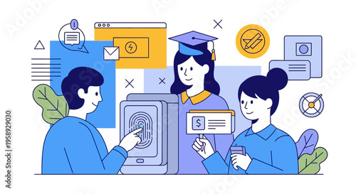 Modern technology illustration showing people using biometric fingerprint scanner for digital payment authorization and secure online education transactions