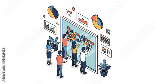 Team work on plan with notes and graph on board for web and app design