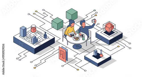 Two people eat food and take a photo in a cool tech city map area