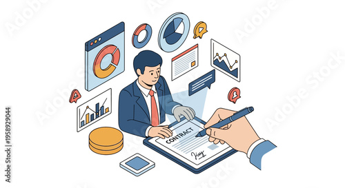 Man signs a new firm work deal on a pad with big data flow info graph