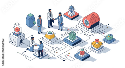 Business partners shake hands in an isometric digital network with connected technology data blocks and circuits