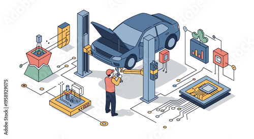 Professional auto car repair service shop mechanic work on vehicle engine diagnostics tools maintenance station