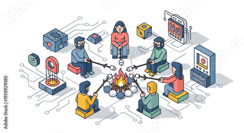 Men and girls sit by fire to roast food in a tech world scene now