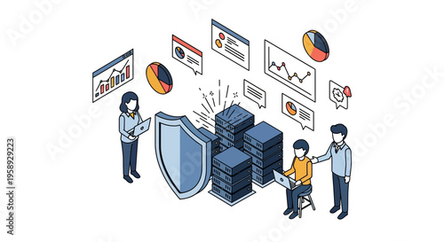 Isometric vector of professional team managing secure data server protected by shield and digital charts for cybersecurity