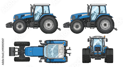 Blue Agricultural Tractor Illustration Showing Multiple Views for Farm Equipment and Vehicle Design