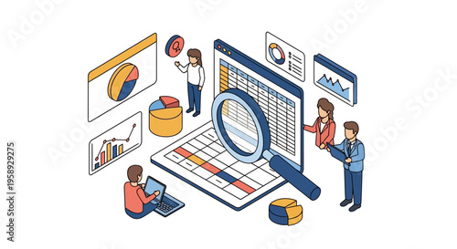 Professional business team analyzing digital spreadsheet data audit process with isometric charts and financial report