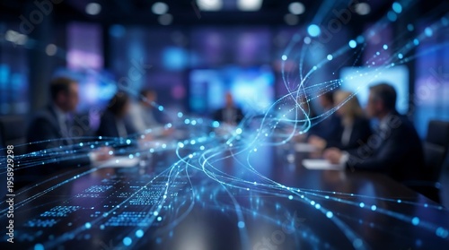 Abstract blue light lines and particles flow dynamically over a blurred image of business professionals seated at a conference table, symbolizing data connectivity and global communication.