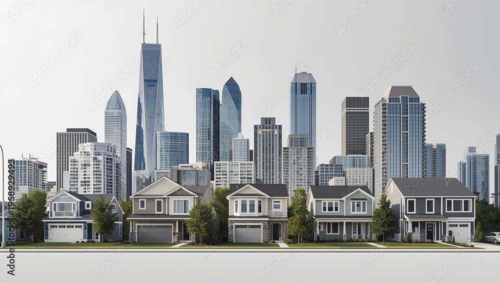 Fototapeta premium Suburban row of modern detached houses with trees front of distant glass skyscraper skyline